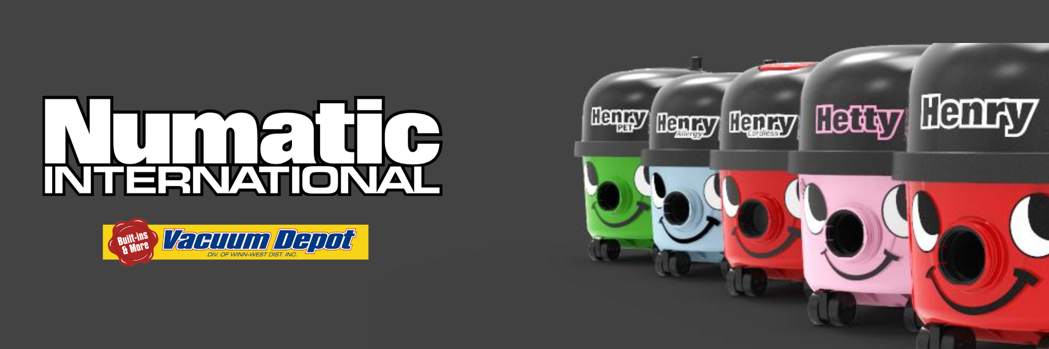 A line up of vacuum cleaners with faces on them