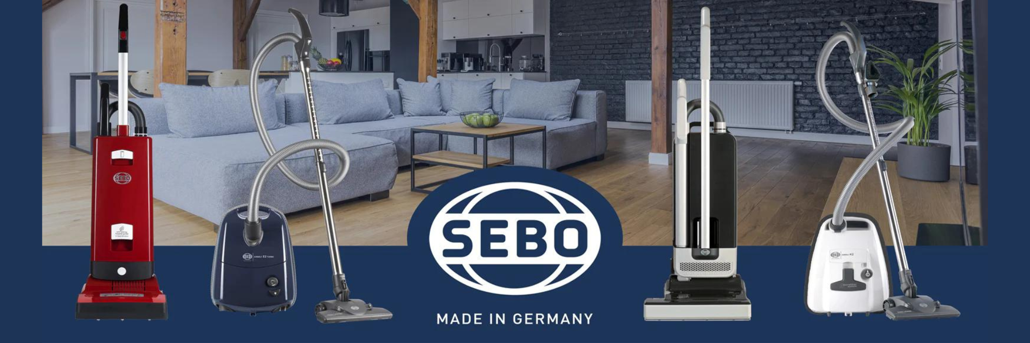 A line up of Sebo Vacuum cleaners in a living room