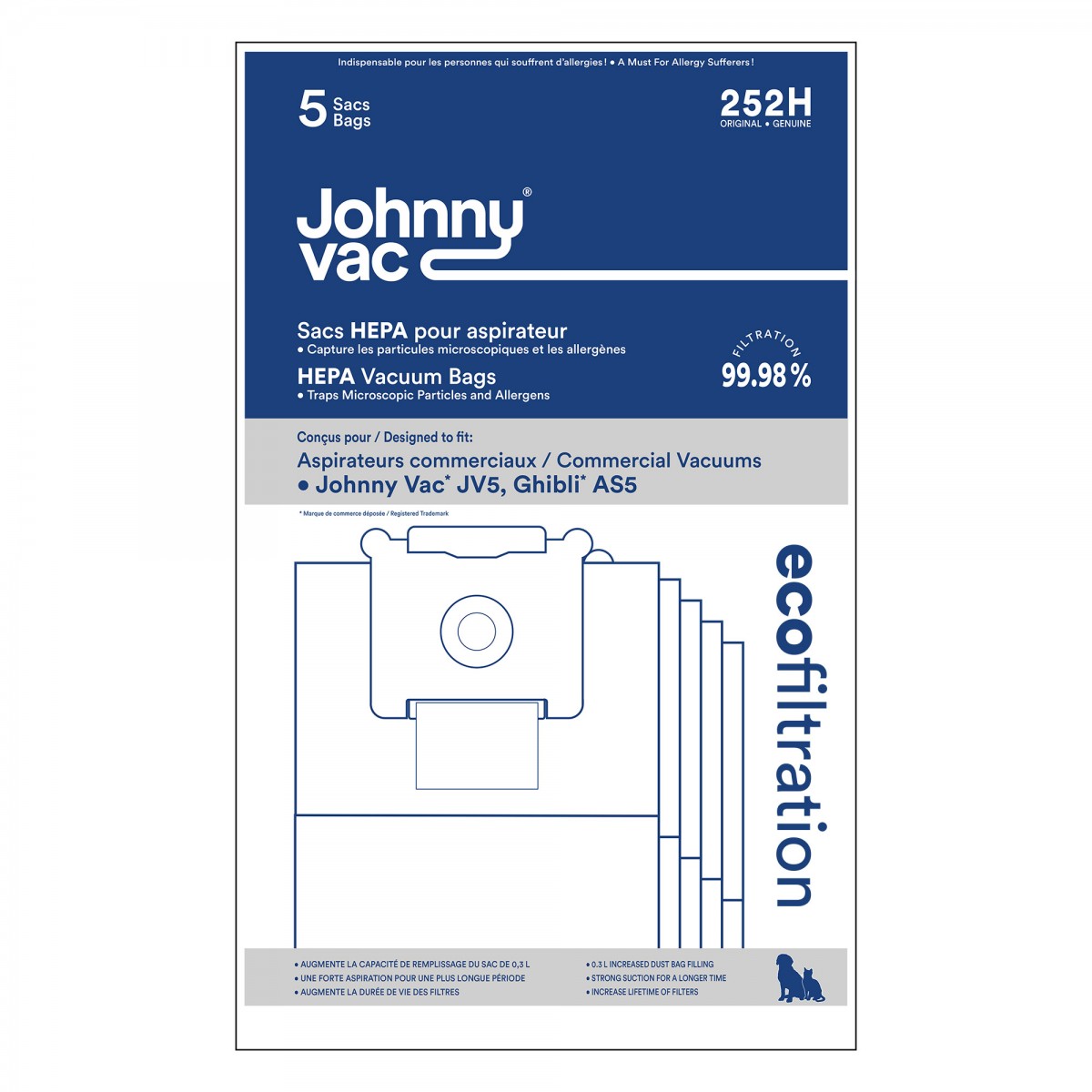 HEPA Microfilter Bag for Johnny Vac JV5 and Ghibli AS5 - 5/pkg